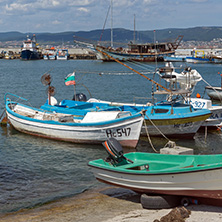 NESSEBAR, BULGARIA - AUGUST 12, 2018: Panorama with fishing boat at The Port of Nessebar, Burgas Region, Bulgaria