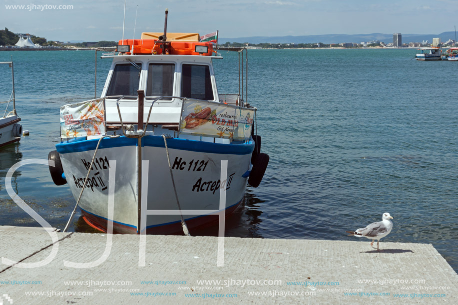 NESSEBAR, BULGARIA - AUGUST 12, 2018: Panorama with fishing boat at The Port of Nessebar, Burgas Region, Bulgaria