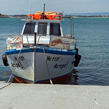 NESSEBAR, BULGARIA - AUGUST 12, 2018: Panorama with fishing boat at The Port of Nessebar, Burgas Region, Bulgaria