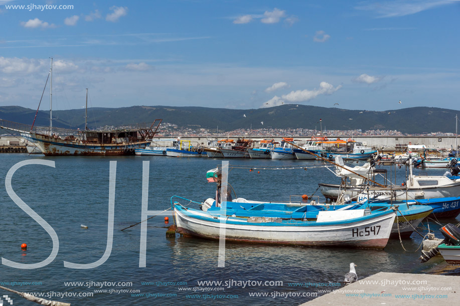 NESSEBAR, BULGARIA - AUGUST 12, 2018: Panorama with fishing boat at The Port of Nessebar, Burgas Region, Bulgaria