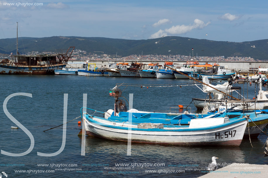 NESSEBAR, BULGARIA - AUGUST 12, 2018: Panorama with fishing boat at The Port of Nessebar, Burgas Region, Bulgaria