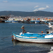 NESSEBAR, BULGARIA - AUGUST 12, 2018: Panorama with fishing boat at The Port of Nessebar, Burgas Region, Bulgaria