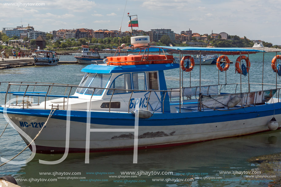 NESSEBAR, BULGARIA - AUGUST 12, 2018: Panorama with fishing boat at The Port of Nessebar, Burgas Region, Bulgaria