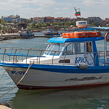 NESSEBAR, BULGARIA - AUGUST 12, 2018: Panorama with fishing boat at The Port of Nessebar, Burgas Region, Bulgaria