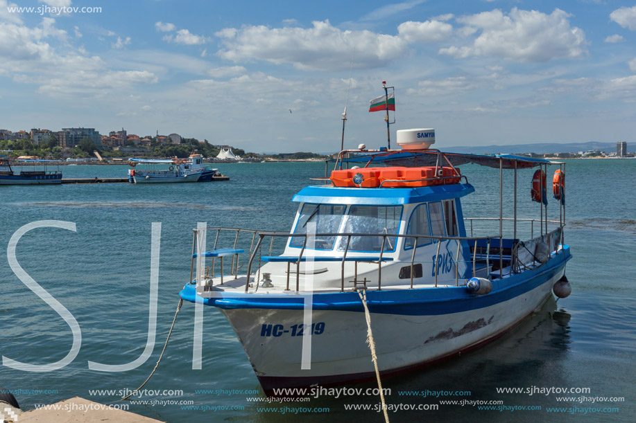 NESSEBAR, BULGARIA - AUGUST 12, 2018: Panorama with fishing boat at The Port of Nessebar, Burgas Region, Bulgaria