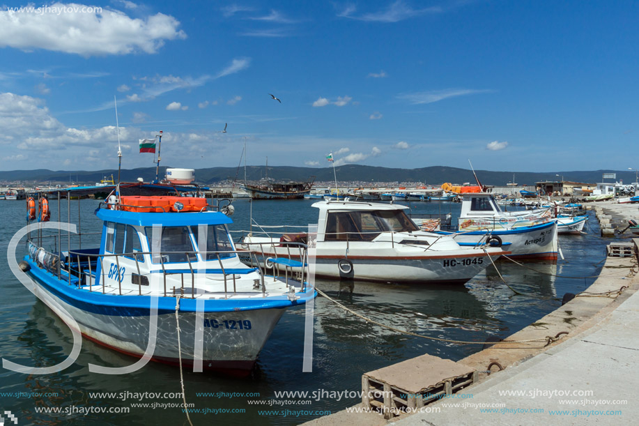 NESSEBAR, BULGARIA - AUGUST 12, 2018: Panorama with fishing boat at The Port of Nessebar, Burgas Region, Bulgaria