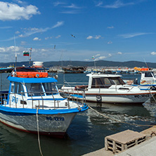 NESSEBAR, BULGARIA - AUGUST 12, 2018: Panorama with fishing boat at The Port of Nessebar, Burgas Region, Bulgaria