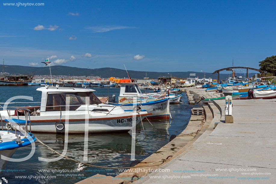 NESSEBAR, BULGARIA - AUGUST 12, 2018: Panorama with fishing boat at The Port of Nessebar, Burgas Region, Bulgaria