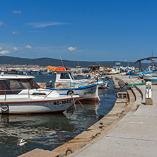 NESSEBAR, BULGARIA - AUGUST 12, 2018: Panorama with fishing boat at The Port of Nessebar, Burgas Region, Bulgaria