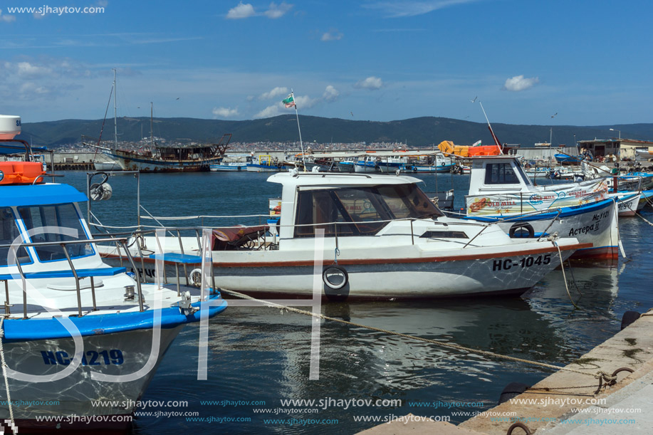 NESSEBAR, BULGARIA - AUGUST 12, 2018: Panorama with fishing boat at The Port of Nessebar, Burgas Region, Bulgaria