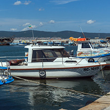 NESSEBAR, BULGARIA - AUGUST 12, 2018: Panorama with fishing boat at The Port of Nessebar, Burgas Region, Bulgaria