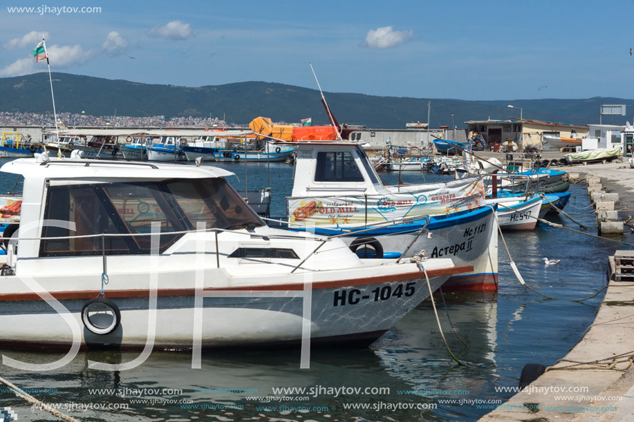 NESSEBAR, BULGARIA - AUGUST 12, 2018: Panorama with fishing boat at The Port of Nessebar, Burgas Region, Bulgaria