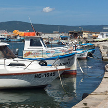 NESSEBAR, BULGARIA - AUGUST 12, 2018: Panorama with fishing boat at The Port of Nessebar, Burgas Region, Bulgaria