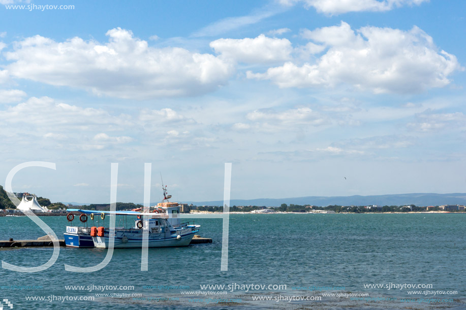 NESSEBAR, BULGARIA - AUGUST 12, 2018: Panorama with fishing boat at The Port of Nessebar, Burgas Region, Bulgaria