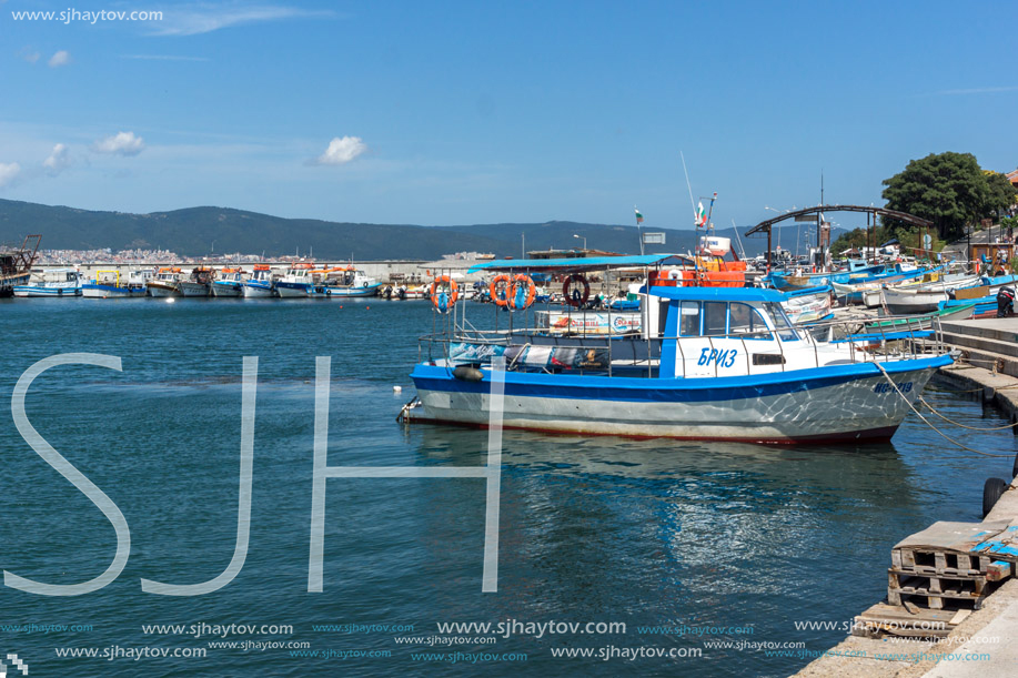 NESSEBAR, BULGARIA - AUGUST 12, 2018: Panorama with fishing boat at The Port of Nessebar, Burgas Region, Bulgaria