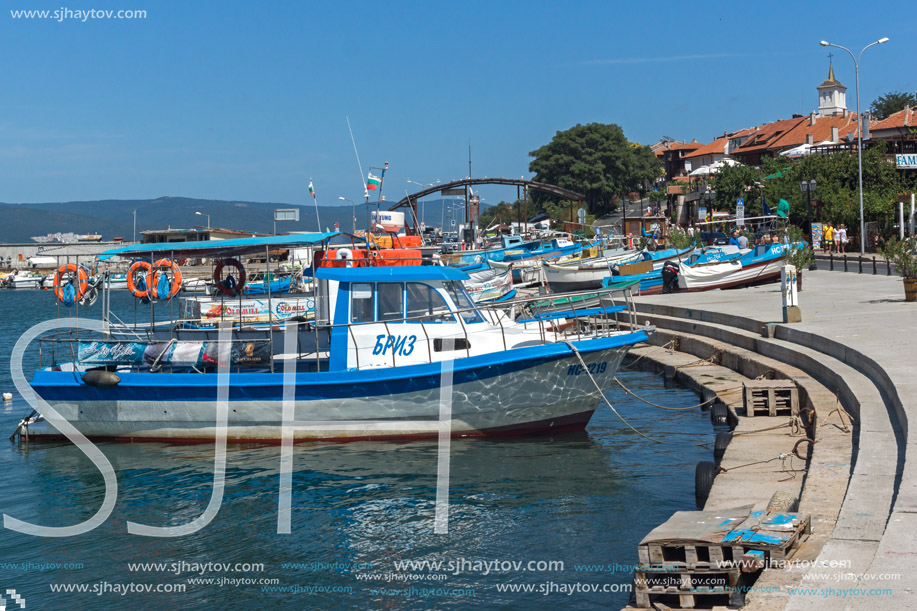 NESSEBAR, BULGARIA - AUGUST 12, 2018: Panorama with fishing boat at The Port of Nessebar, Burgas Region, Bulgaria