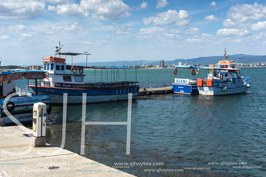 NESSEBAR, BULGARIA - AUGUST 12, 2018: Panorama with fishing boat at The Port of Nessebar, Burgas Region, Bulgaria