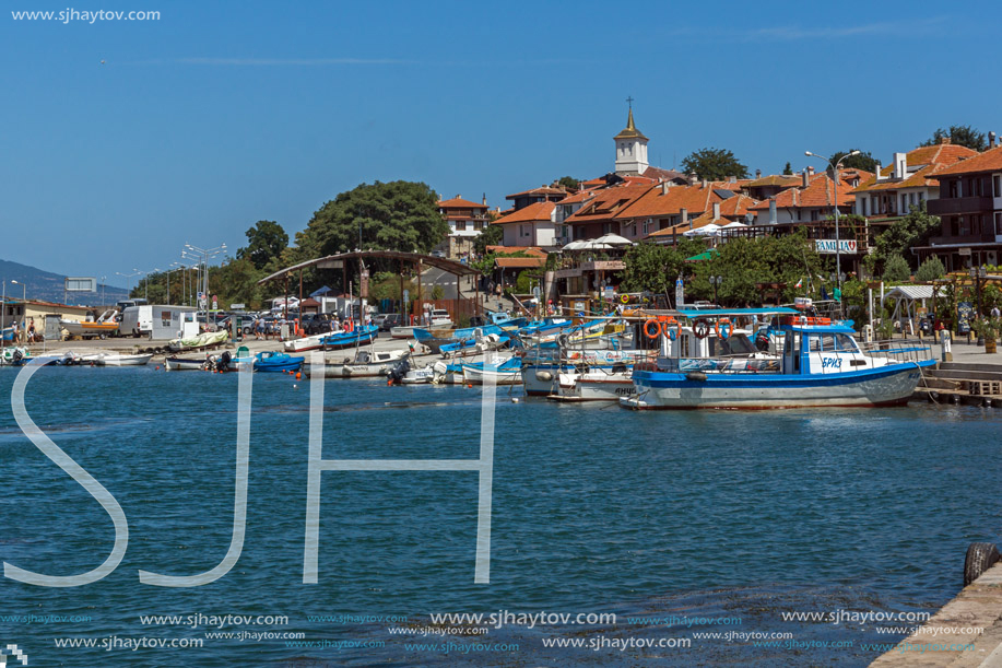 NESSEBAR, BULGARIA - AUGUST 12, 2018: Panorama with fishing boat at The Port of Nessebar, Burgas Region, Bulgaria