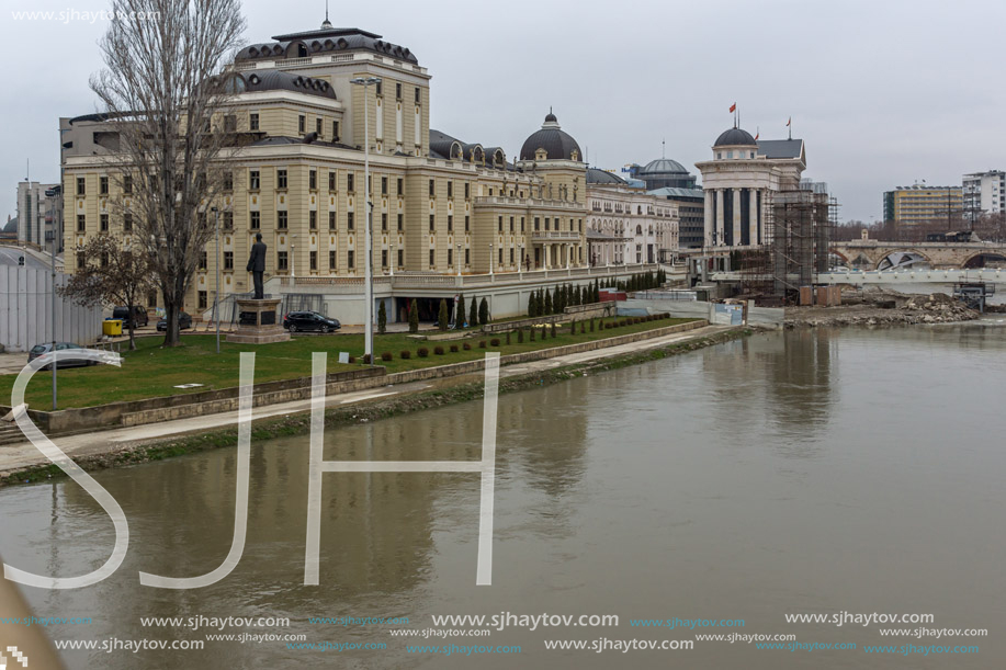 SKOPJE, REPUBLIC OF MACEDONIA - FEBRUARY 24, 2018: Vardar River passing through City of Skopje center, Republic of Macedonia