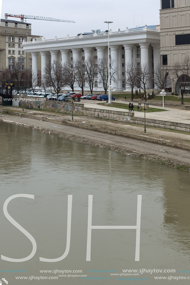 SKOPJE, REPUBLIC OF MACEDONIA - FEBRUARY 24, 2018: Vardar River passing through City of Skopje center, Republic of Macedonia