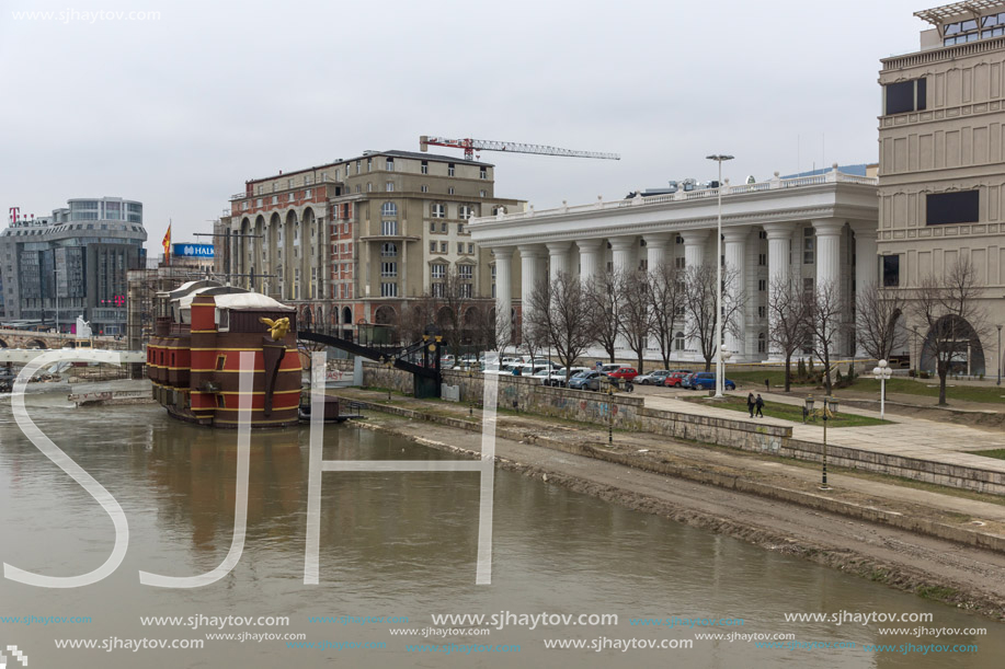 SKOPJE, REPUBLIC OF MACEDONIA - FEBRUARY 24, 2018: Vardar River passing through City of Skopje center, Republic of Macedonia