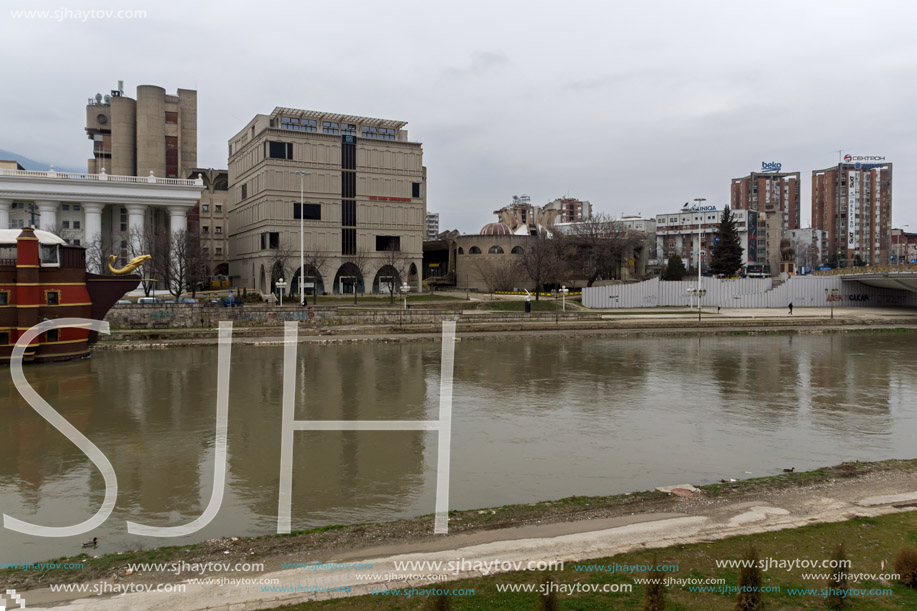 SKOPJE, REPUBLIC OF MACEDONIA - FEBRUARY 24, 2018: Vardar River passing through City of Skopje center, Republic of Macedonia