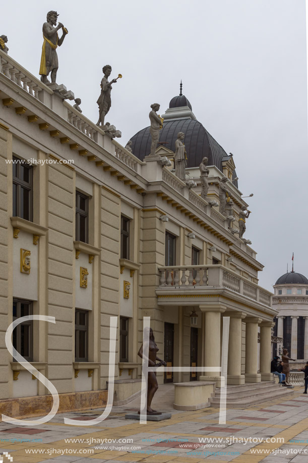 SKOPJE, REPUBLIC OF MACEDONIA - FEBRUARY 24, 2018:  Building of Macedonian National Theater in city of  Skopje, Republic of Macedonia