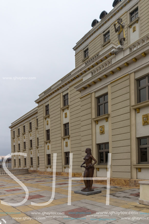 SKOPJE, REPUBLIC OF MACEDONIA - FEBRUARY 24, 2018:  Building of Macedonian National Theater in city of  Skopje, Republic of Macedonia