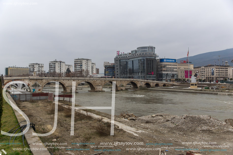 SKOPJE, REPUBLIC OF MACEDONIA - FEBRUARY 24, 2018: Vardar River passing through City of Skopje center, Republic of Macedonia