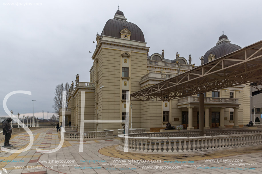 SKOPJE, REPUBLIC OF MACEDONIA - FEBRUARY 24, 2018:  Building of Macedonian National Theater in city of  Skopje, Republic of Macedonia