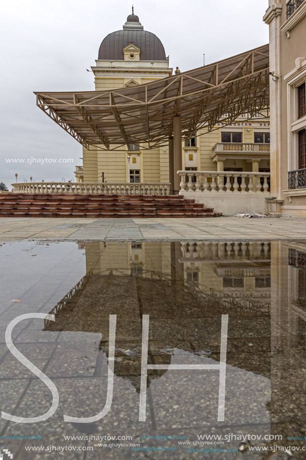 SKOPJE, REPUBLIC OF MACEDONIA - FEBRUARY 24, 2018:  Building of Macedonian National Theater in city of  Skopje, Republic of Macedonia