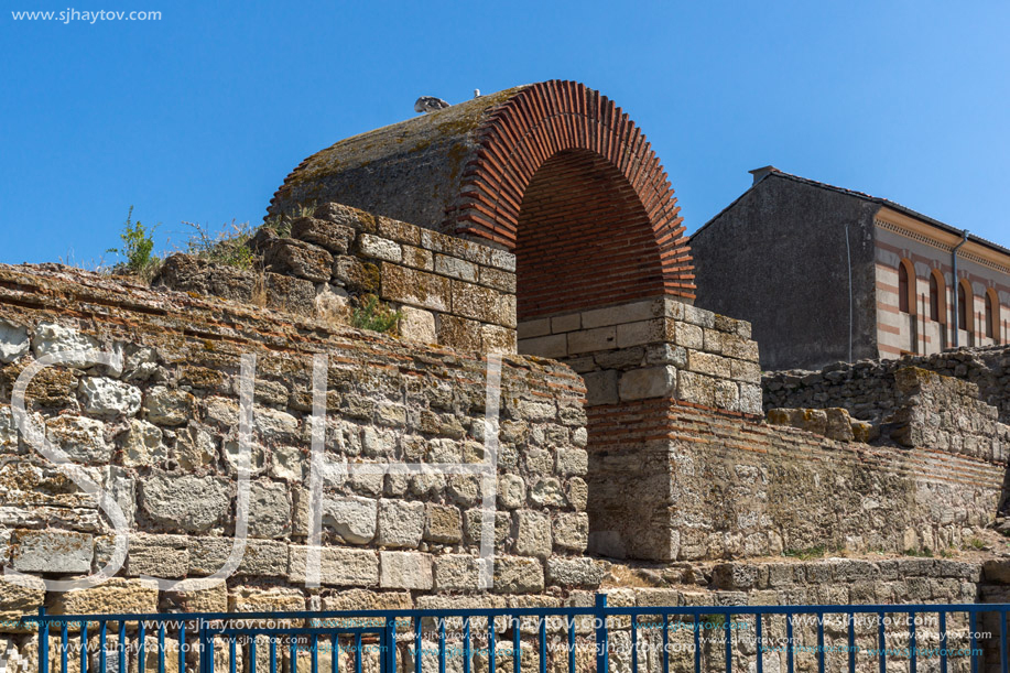 Ancient ruins of Fortifications at the entrance of old town of Nessebar, Burgas Region, Bulgaria