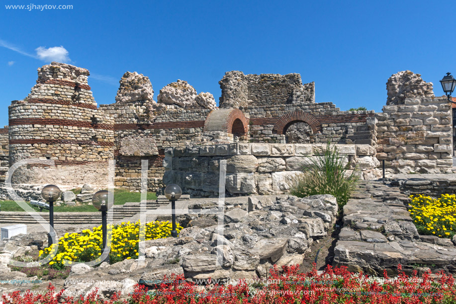 Ancient ruins of Fortifications at the entrance of old town of Nessebar, Burgas Region, Bulgaria