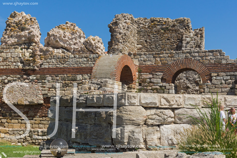 Ancient ruins of Fortifications at the entrance of old town of Nessebar, Burgas Region, Bulgaria