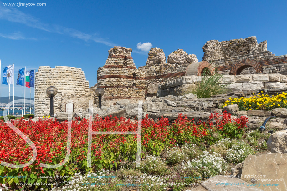 Ancient ruins of Fortifications at the entrance of old town of Nessebar, Burgas Region, Bulgaria