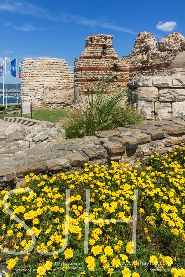 Ancient ruins of Fortifications at the entrance of old town of Nessebar, Burgas Region, Bulgaria