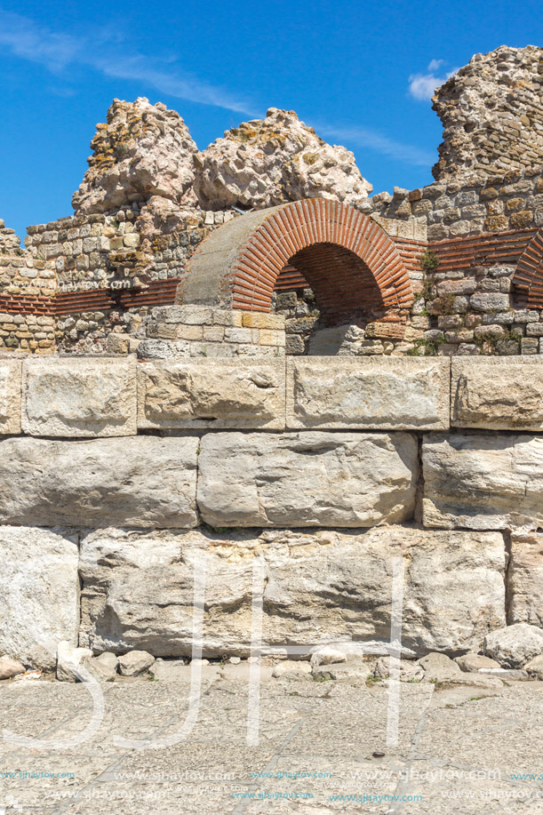 Ancient ruins of Fortifications at the entrance of old town of Nessebar, Burgas Region, Bulgaria