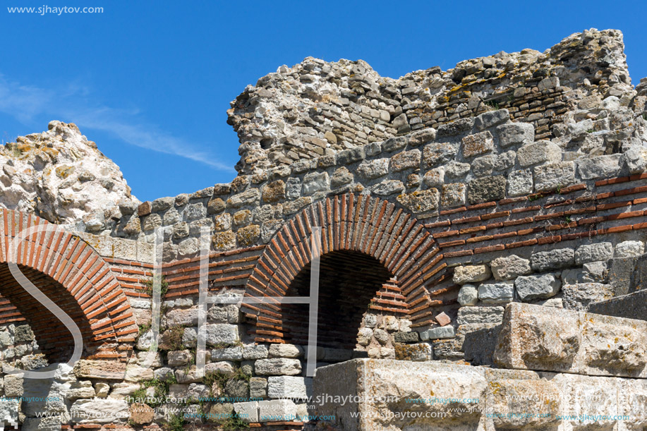 Ancient ruins of Fortifications at the entrance of old town of Nessebar, Burgas Region, Bulgaria