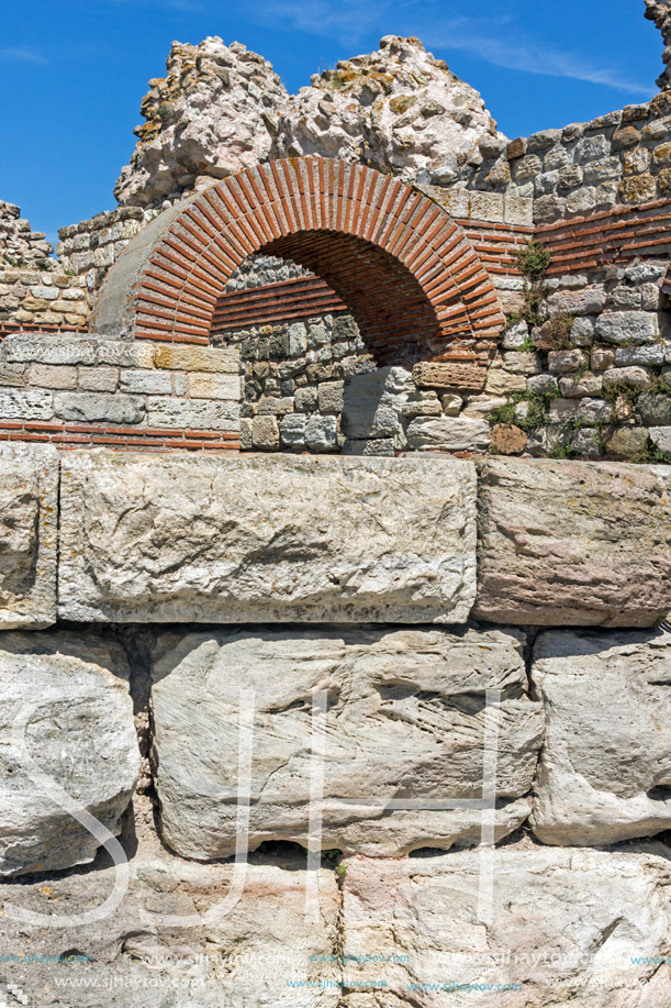 Ancient ruins of Fortifications at the entrance of old town of Nessebar, Burgas Region, Bulgaria