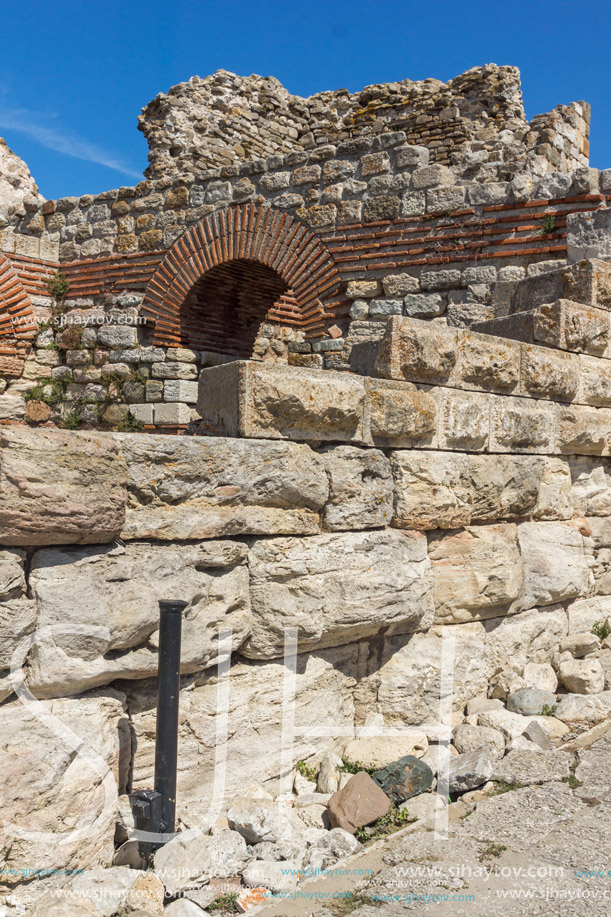 Ancient ruins of Fortifications at the entrance of old town of Nessebar, Burgas Region, Bulgaria