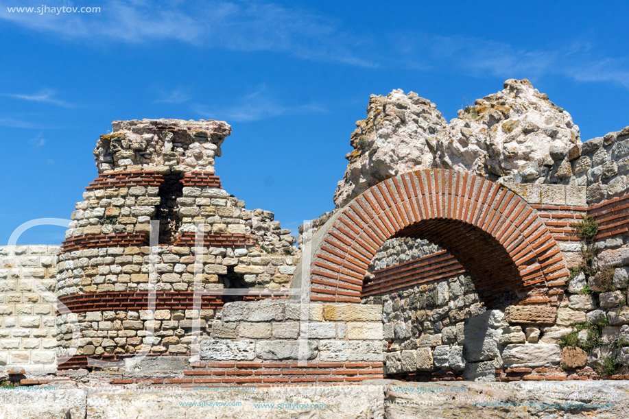 Ancient ruins of Fortifications at the entrance of old town of Nessebar, Burgas Region, Bulgaria