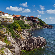 SOZOPOL, BULGARIA - JULY 16. 2016: Amazing Panorama with ancient fortifications and old houses at old town of Sozopol, Burgas Region, Bulgaria