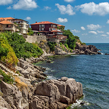 SOZOPOL, BULGARIA - JULY 16. 2016: Amazing Panorama with ancient fortifications and old houses at old town of Sozopol, Burgas Region, Bulgaria