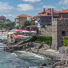 SOZOPOL, BULGARIA - JULY 16. 2016: Amazing Panorama with ancient fortifications and old houses at old town of Sozopol, Burgas Region, Bulgaria