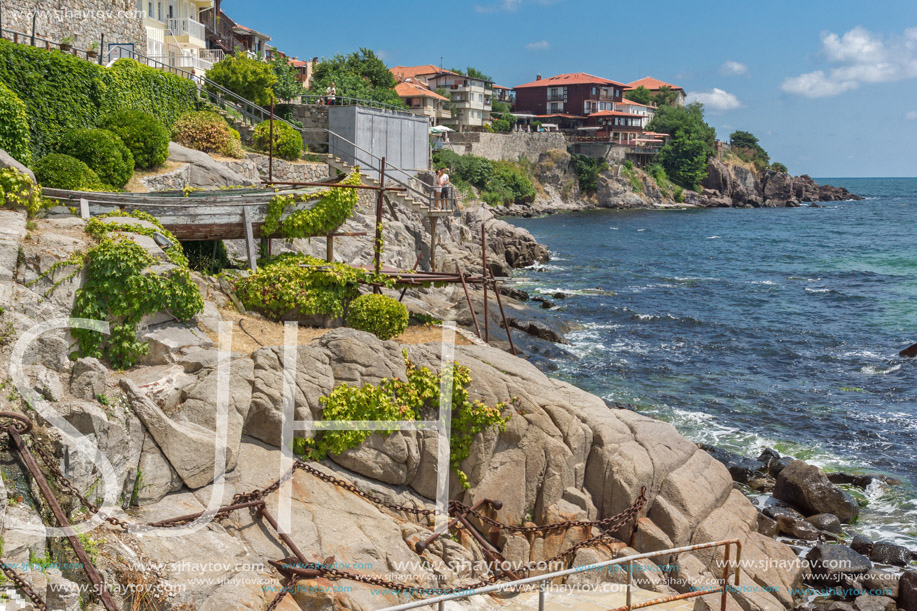 SOZOPOL, BULGARIA - JULY 16. 2016: Amazing Panorama with ancient fortifications and old houses at old town of Sozopol, Burgas Region, Bulgaria