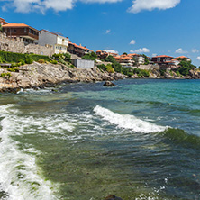 SOZOPOL, BULGARIA - JULY 16. 2016: Amazing Panorama with ancient fortifications and old houses at old town of Sozopol, Burgas Region, Bulgaria