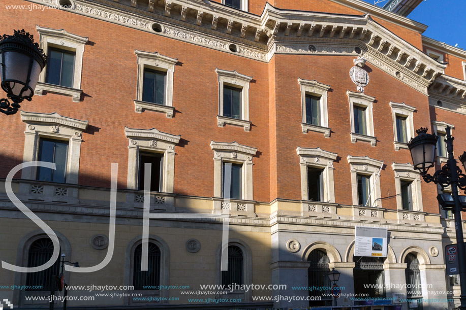 MADRID, SPAIN - JANUARY 24, 2018: Facade of typical Buildings and streets in City of Madrid, Spain