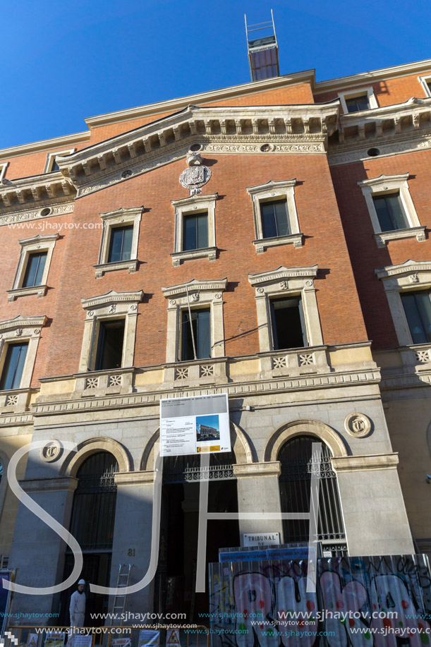 MADRID, SPAIN - JANUARY 24, 2018: Facade of typical Buildings and streets in City of Madrid, Spain