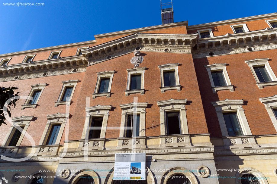 MADRID, SPAIN - JANUARY 24, 2018: Facade of typical Buildings and streets in City of Madrid, Spain