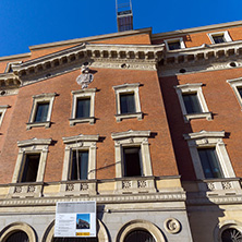 MADRID, SPAIN - JANUARY 24, 2018: Facade of typical Buildings and streets in City of Madrid, Spain